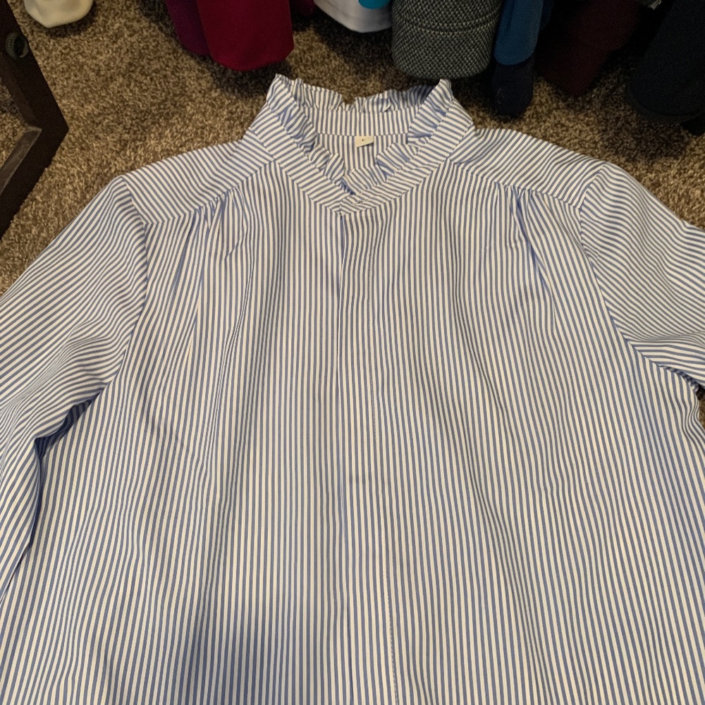 Blue stripe button down with Ruffle Collar/Sleeves L